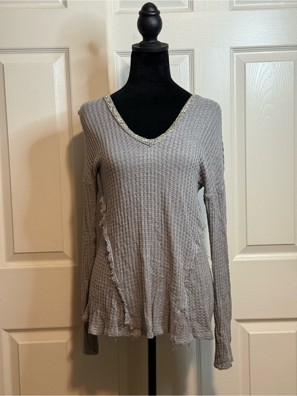 Juicy Couture Gray Waffle Knit V-Neck Top with Embellished Trim